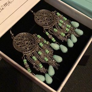 Teal Silver Dangly Designer Earrings